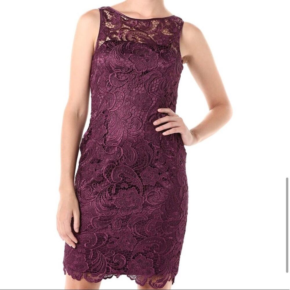 Adrianna‎ Papell Illusion Neckline Sheath Lace Dress in Currant.